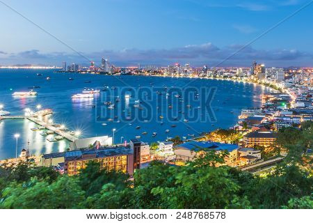 Night View Of Pattaya City Beach During Sunset At Pratumnak Viewpoint, Pattaya Thailand.