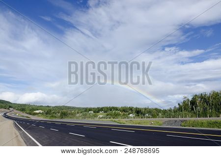 Transcanada Highway Along Superior Lake Shore Under Rainbow