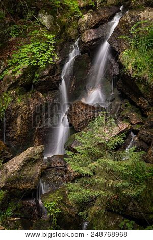 Waterfall, Cascade Between Big Rocks In Ravine Ysperklamm (waldviertel, Austria)