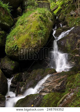 Waterfall, Cascade Between Big Rocks In Ravine Ysperklamm (waldviertel, Austria)