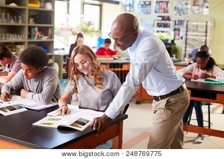 Male High School Tutor Teaching Students In Biology Class