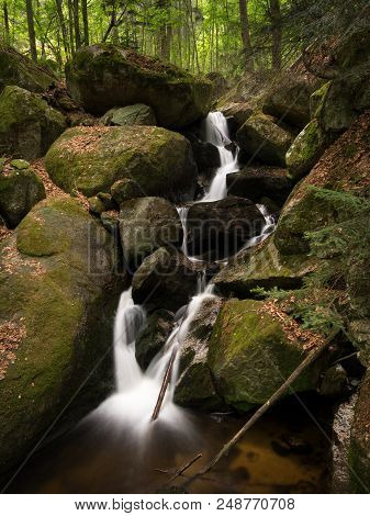 Waterfall, Cascade Between Big Rocks In Ravine Ysperklamm (waldviertel, Austria)
