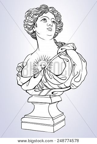 Greek Goddess. Marble Bust Of Pretty Greek Woman. Great For Coloring Book. Vetor Illustration In Lin