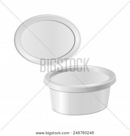 White Plastic Box For Your Design And Logo. Mock Up For Cheese, Cream Cheese, Butter, Etc. Side View
