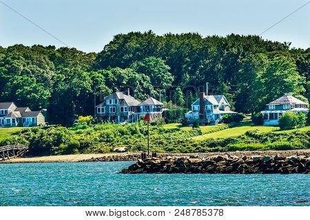 Rocky Breakwater Entrance Padnaram Harbor Houses Buzzards Bay Dartmouth Masschusetts