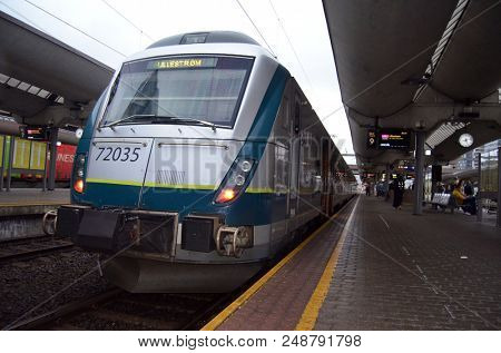 Platform and train view on Oslo central station. Oslo Central Station (Sentralstasjon) is main railway station in Oslo. June 14. 2018. Oslo,Norway