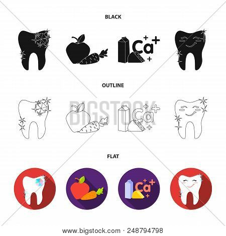 A Tooth With Brilliant Sparkling, An Apple With Carrots Useful For Teeth, Milk In A Box, Cheese And 
