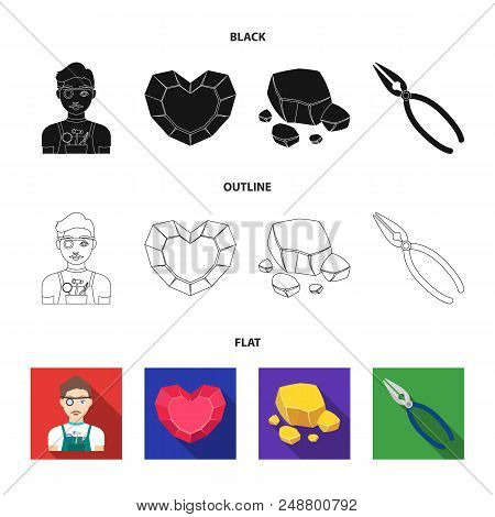 Jeweler, Pliers, Gold Ore, Garnet In The Form Of Heart. Precious Minerals And Jeweler Set Collection