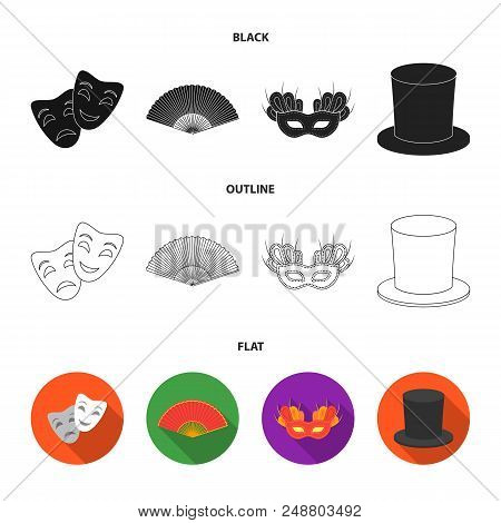Theatrical Mask, Cylinder, Fan, Mask On The Eyes. Theater Set Collection Icons In Black, Flat, Outli