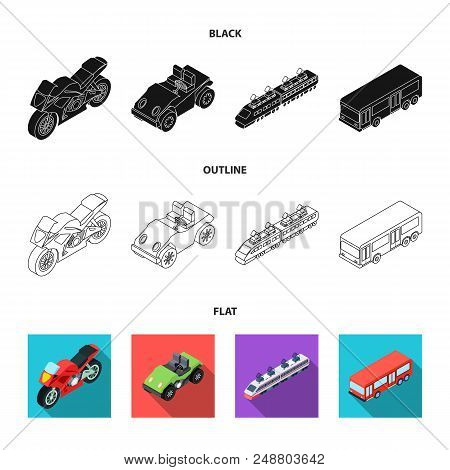 Motorcycle, Golf Cart, Train, Bus. Transport Set Collection Icons In Black, Flat, Outline Style Vect