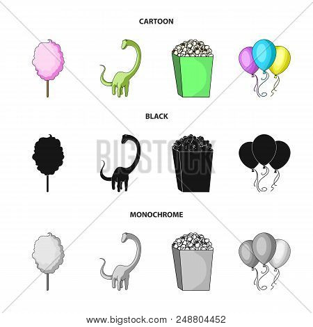 Sweet Cotton Wool On A Stick, A Toy Dragon, Popcorn In A Box, Colorful Balloons On A String. Amuseme