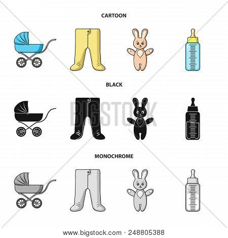 Stroller, Bottle With A Pacifier, Toy, Sliders.baby Born Set Collection Icons In Cartoon, Black, Mon