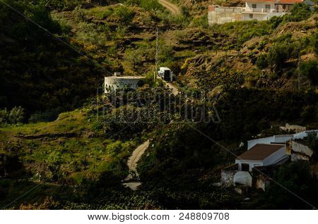 Concrete Irrigation Basin On High Hills In Andalusia, A Place Of Water Storage In Arid Areas