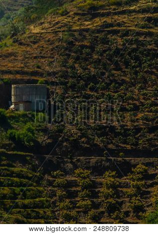 Concrete Irrigation Basin On High Hills In Andalusia, A Place Of Water Storage In Arid Areas