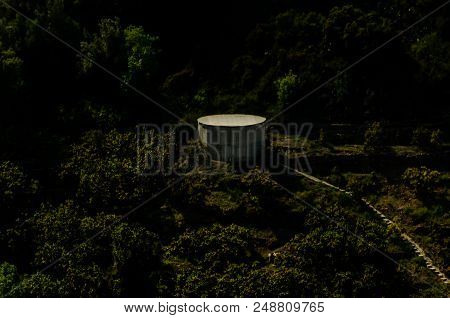 Concrete Irrigation Basin On High Hills In Andalusia, A Place Of Water Storage In Arid Areas