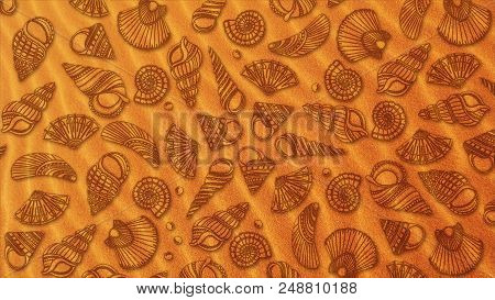 Animation Of Background With Seashells. Seashell Collection On Sand Background.
