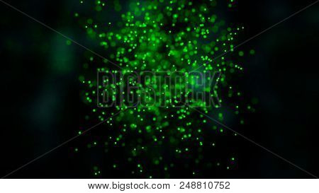 Created By Light Alphabet Over Black Background. Animation Of Flying Flickering Particles Form A Que