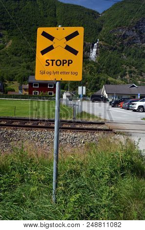 Railway sign STOP. Famous Railroad Flamsbahn. June 17,2018. Flam, Norway, Scandinavia.