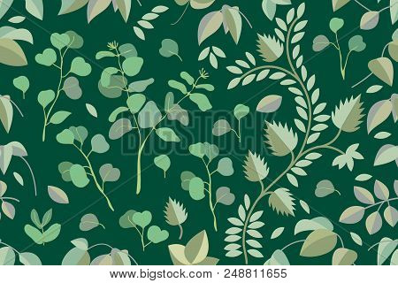 Seamless Vector Pattern On Dark Green Background. Trendy Design For Textile, Cards And Other Decorat