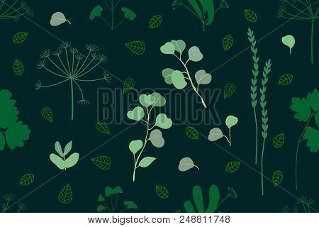 Seamless Vector Pattern On Dark Green Background. Trendy Design For Textile, Cards And Other Decorat
