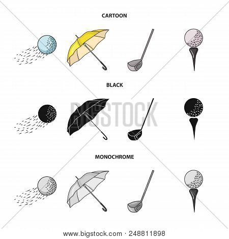 A Flying Ball, A Yellow Umbrella, A Golf Club, A Ball On A Stand. Golf Club Set Collection Icons In 