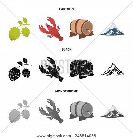 Alps, A Barrel Of Beer, Lobster, Hops. Oktoberfest Set Collection Icons In Cartoon, Black, Monochrom