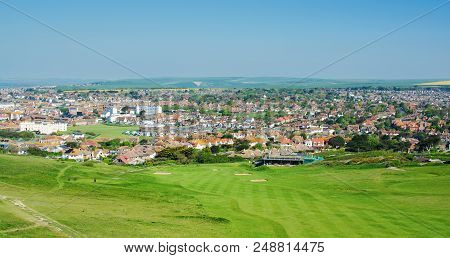 View Of The Town Of Seaford From The Cliff Walk, Houses, Golf Course, Seaford Head, East Sussex, Eng
