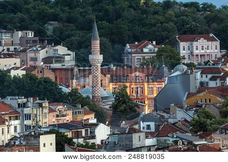Plovdiv, Bulgaria - May 24, 2018: Night Panoramic Cityscape Of Plovdiv City From Nebet Tepe Hill, Bu