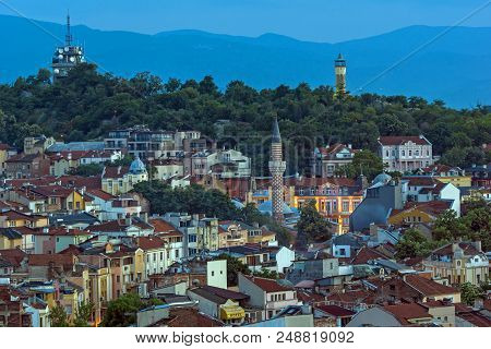 Plovdiv, Bulgaria - May 24, 2018: Night Panoramic Cityscape Of Plovdiv City From Nebet Tepe Hill, Bu