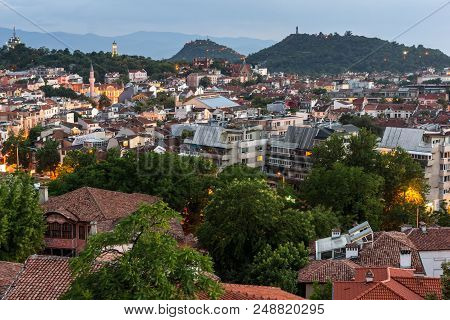 Plovdiv, Bulgaria - May 24, 2018: Night Panoramic Cityscape Of Plovdiv City From Nebet Tepe Hill, Bu
