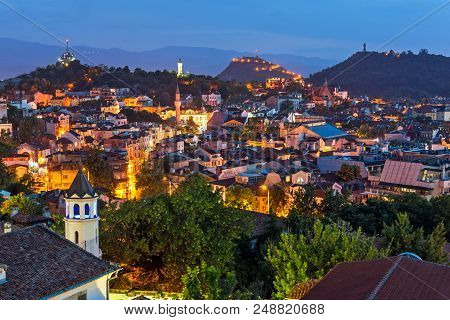 Plovdiv, Bulgaria - May 24, 2018: Night Panoramic Cityscape Of Plovdiv City From Nebet Tepe Hill, Bu