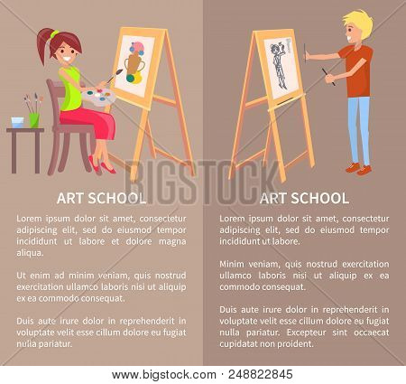 Art School Posters With Man And Woman Drawing Pictures On Easel By Pencils And Paints. People Create