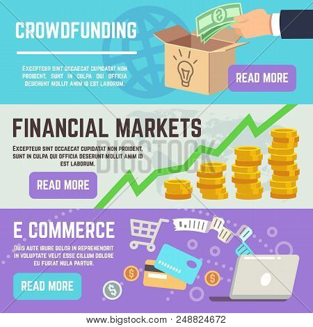 Crowdfunding Banners. Business Banking, E Commerce And Financial Markets Vector Concepts. Financial 