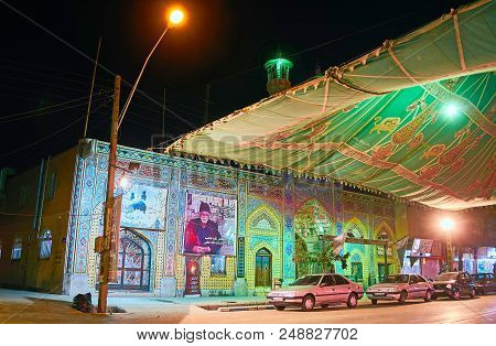 Kerman, Iran - October 16, 2017: The Evening View Of Teleqani Street With Scenic Tiled Building Of I