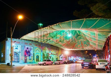 Kerman, Iran - October 16, 2017: Panorama Of Teleqani Street With Traditional Tiled Building Of Isla