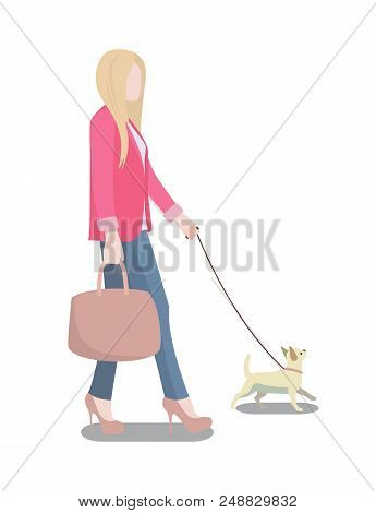 Woman Walking Her Dog, Poster With Blonde Woman, And Dog On Leash, Lady Wearing Pink Jacket And Hand