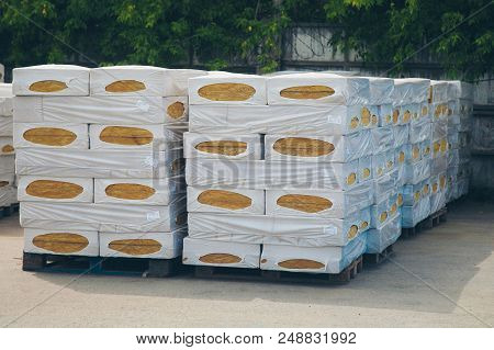 The Texture Of Mineral Wool For Insulating The Walls. Warehouse Of Products Ready For Import