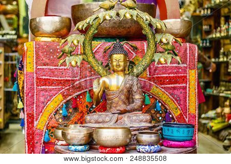 Decorative Bronze Buddha Statue On Display At Camden Market In London