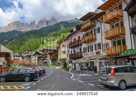 Village Of Canazei On Fassa Valley In Trentino Alto Adige, Italy