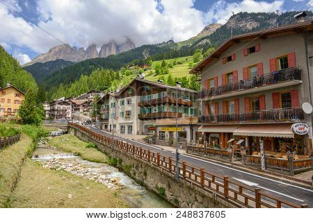 Village Of Canazei On Fassa Valley In Trentino Alto Adige, Italy
