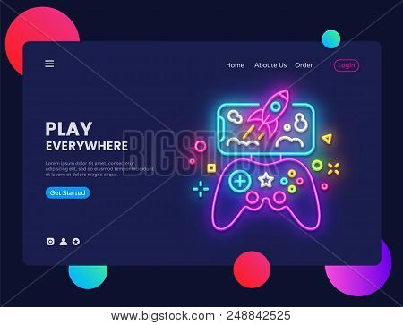 Gamer Website Concept Banner Vector Design Template. Play Everywhere Light Banner In Neon Style, Mod