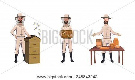 Apiculture And Beekeeping. Beekeeper, Hiver Harvesting Honey, Dealing With Bee-house, Selling Home-m