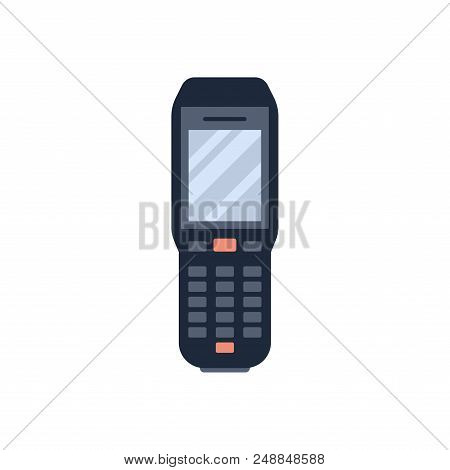 Vector Illustration Of Hand Holding Bar Code Scanner Or Reader Isolated On White Background