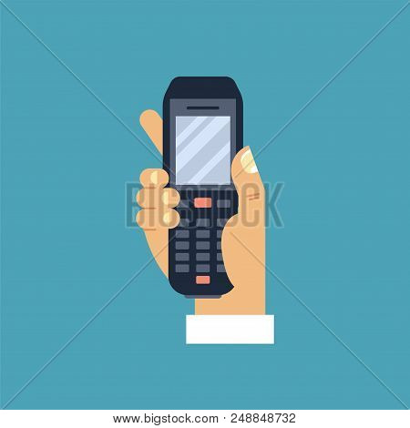 Vector Illustration Male Hand Holding Mobile Bar Code Scanner Or Reader