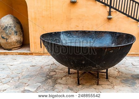 Close Up Big Black Caldron In Of Amer Or Amber Fort In Jaipur, India