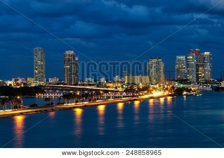 View Of Biscayne Bay At Night In Miami Florida, Usa