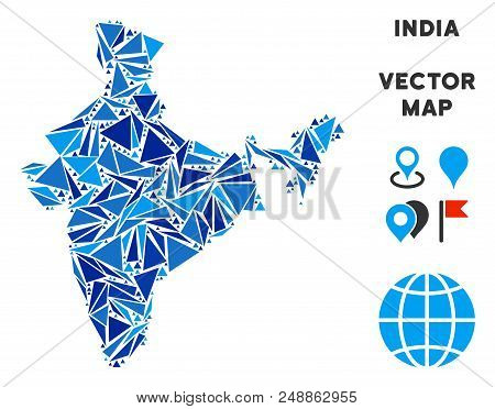 India Map Collage Of Blue Triangle Elements In Various Sizes And Shapes. Vector Triangles Are Arrang