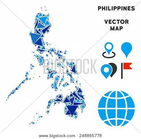 Philippines Map Collage Of Blue Triangle Items In Various Sizes And Shapes. Vector Triangles Are Com