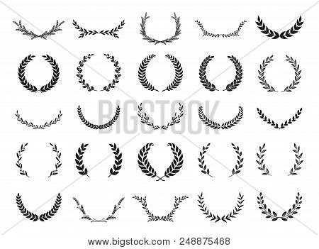 Collection Of Different Black And White Silhouette Circular Laurel Foliate, Wheat And Oak Wreaths De