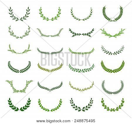 Set Of Green Silhouette Laurel Foliate, Olive, Wheat And Oak Wreaths Depicting An Award, Achievement